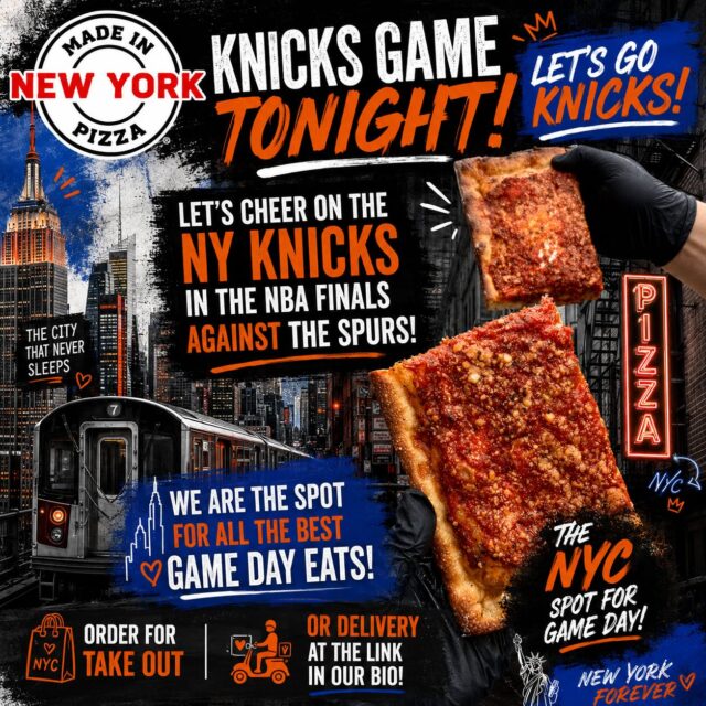❗️From Midtown to the West Village, MINY is THE spot for all your NBA Finals eats. 🍕🏀🔥

Cheesy pies, NYC pride and game day energy all night long while we cheer on the Knicks! 🧡💙

Order for pick up or delivery at the link in our bio and let’s bring home the win, baby! 🏆 

LET’S GO KNICKS!

——
#MadeinNewYorkPizza #NYKnicks #NBAFinals #PizzaDelivery #NYC