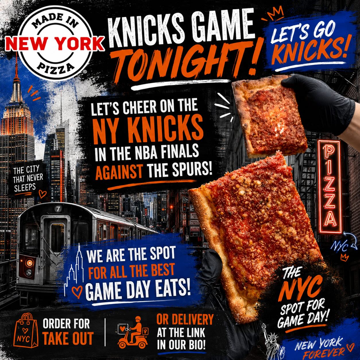 ❗️From Midtown to the West Village, MINY is THE spot for all your NBA Finals eats. 🍕🏀🔥

Cheesy pies, NYC pride and game day energy all night long while we cheer on the Knicks! 🧡💙

Order for pick up or delivery at the link in our bio and let’s bring home the win, baby! 🏆 

LET’S GO KNICKS!

——
#MadeinNewYorkPizza #NYKnicks #NBAFinals #PizzaDelivery #NYC